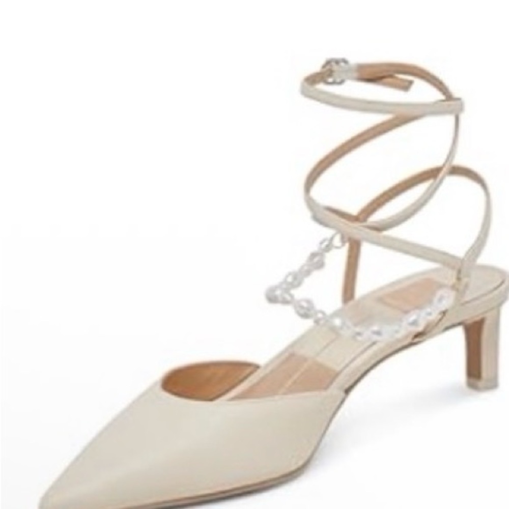 Dolce Vita Cream Pointed-Toe Ankle Wrap Heels with Crystal Chain